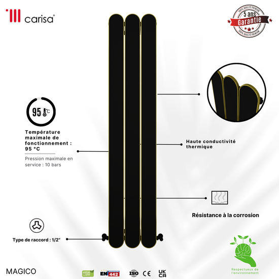 Carisa Magico Vertikaler Aluminium-Heizkörper, modernes Design, Schwarz 