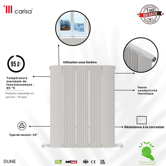Carisa Dune Horizontaler Aluminium-Heizkörper, modernes Design, Weiß 