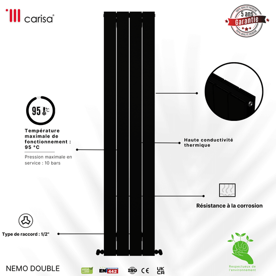 Carisa Nemo Vertikaler Aluminium-Heizkörper, modernes Design, Schwarz 