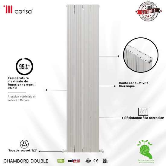 Carisa Chambord Vertikaler Aluminium-Heizkörper, modernes Design, Weiß 