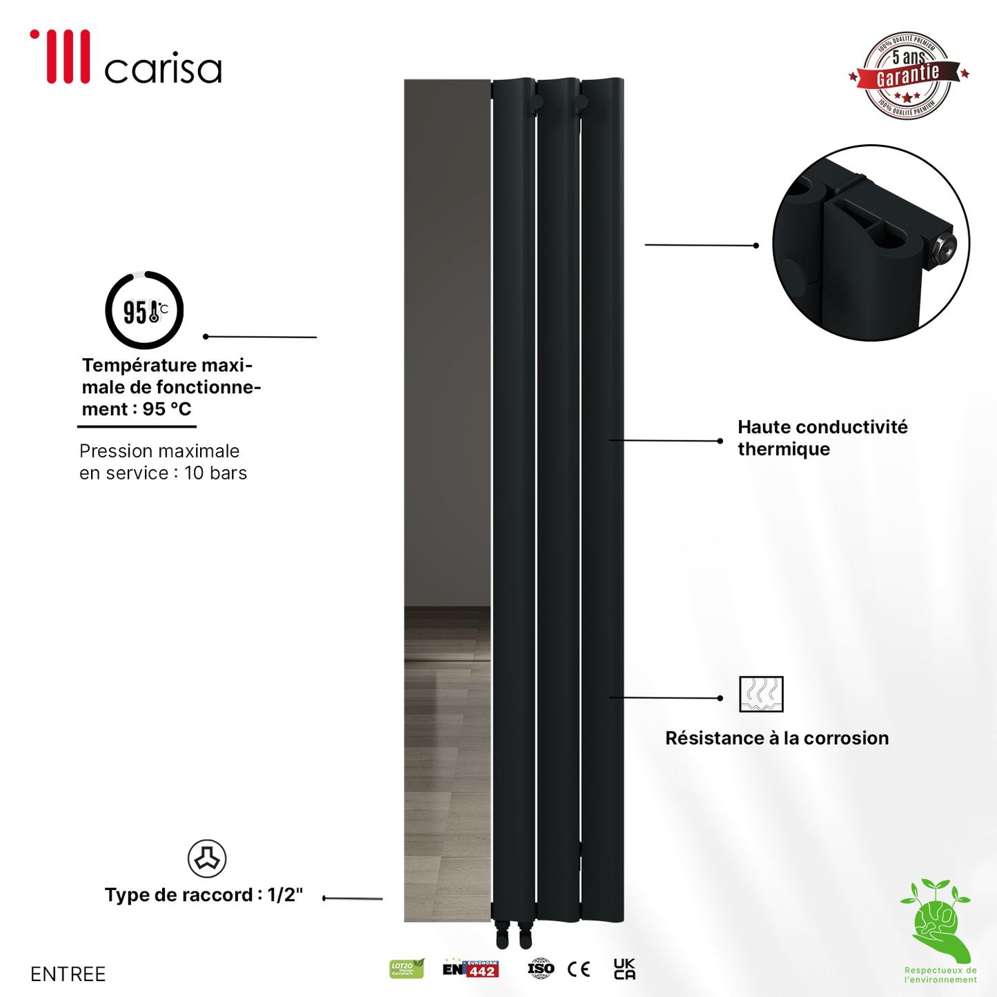 Carisa Entrance Vertikaler Aluminium-Heizkörper, modernes Design, Anthrazit 
