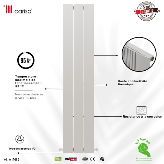 Carisa Elvino Vertikaler Aluminium-Heizkörper, modernes Design, Weiß 