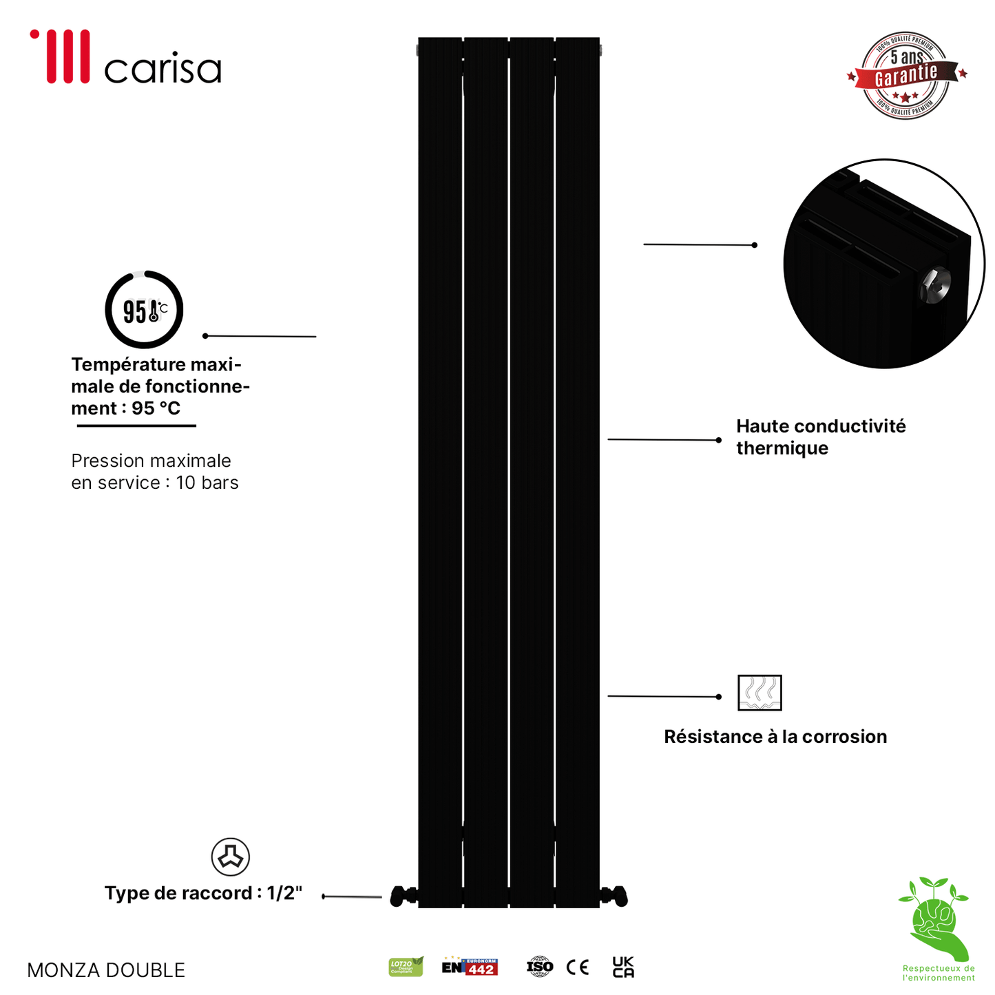 Carisa Monza Vertikaler Aluminium-Heizkörper, modernes Design, Schwarz 