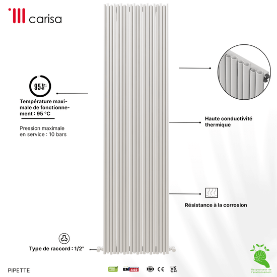 Carisa Pipette Aluminium-Heizkörper, vertikal, modernes Design, Weiß 