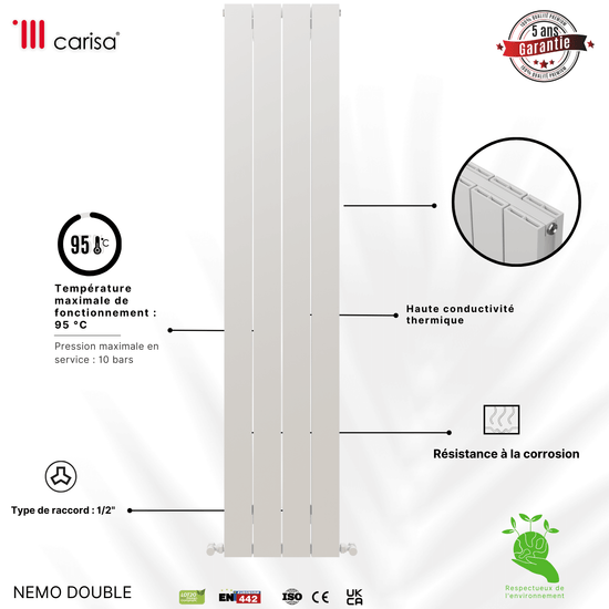 Carisa Nemo Vertikaler Aluminium-Heizkörper, modernes Design, Weiß 