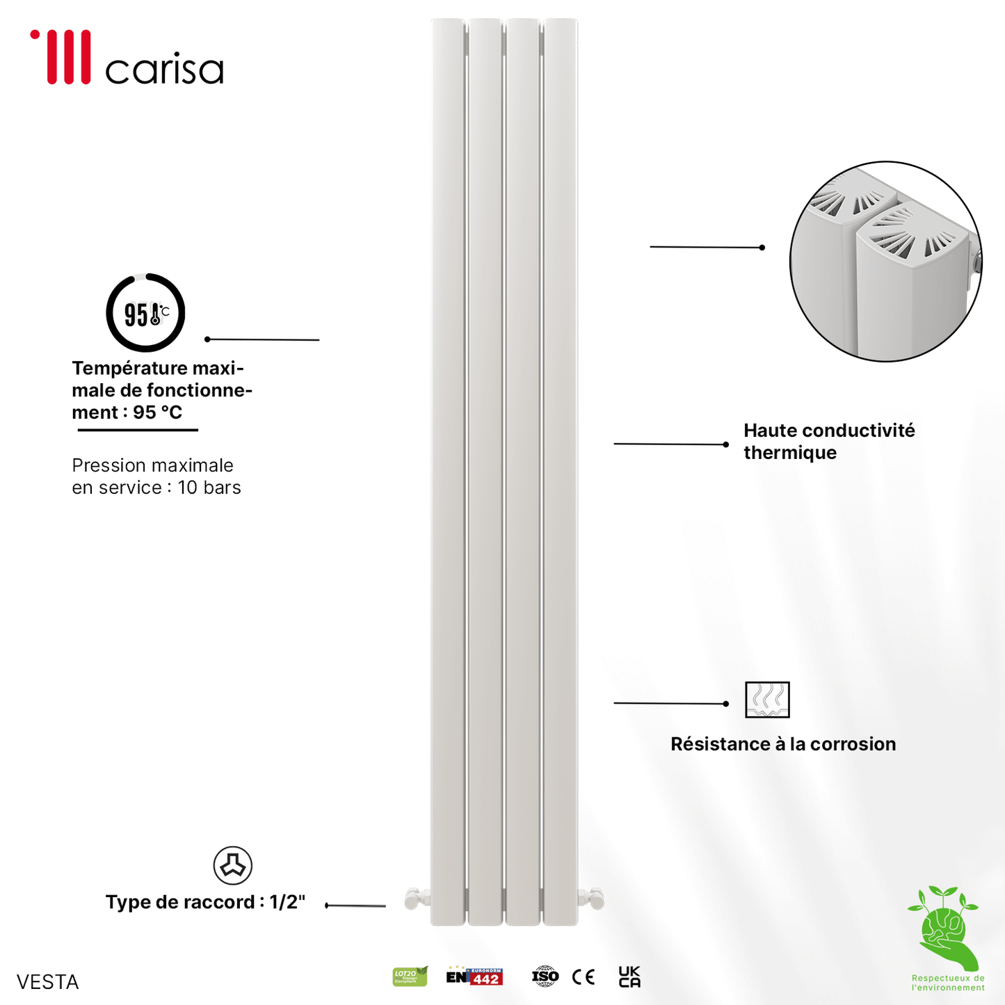 Carisa Vesta Vertikaler Aluminium-Heizkörper, modernes Design, Weiß 