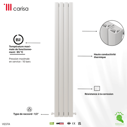 Carisa Vesta Vertikaler Aluminium-Heizkörper, modernes Design, Weiß 