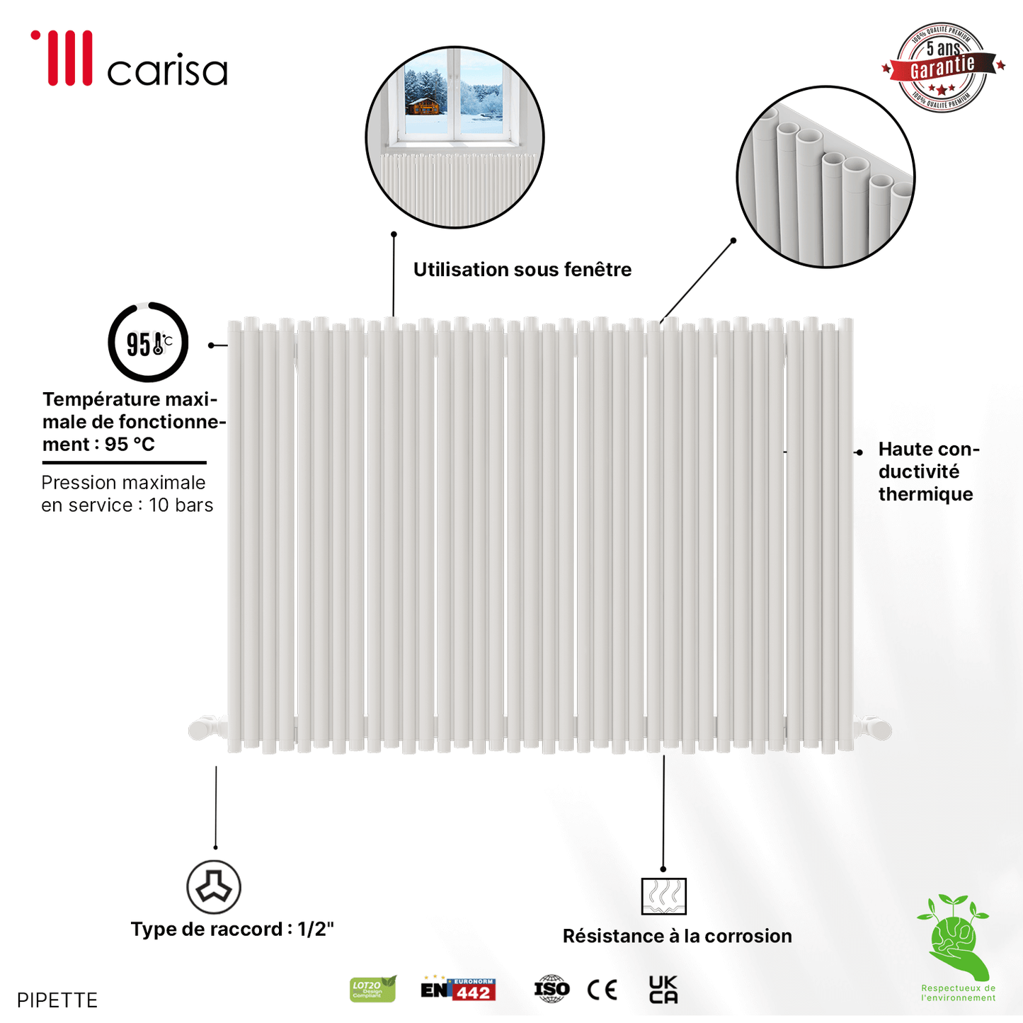 Carisa Pipette Aluminium-Heizkörper, horizontal, modernes Design, Weiß 