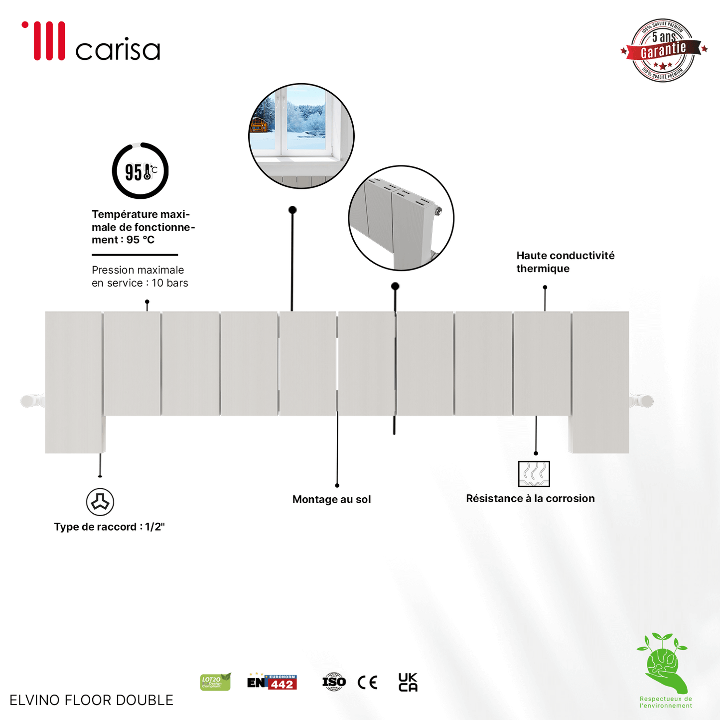 Carisa Elvino Bodenheizkörper aus Aluminium, horizontal, modernes Design, Weiß 
