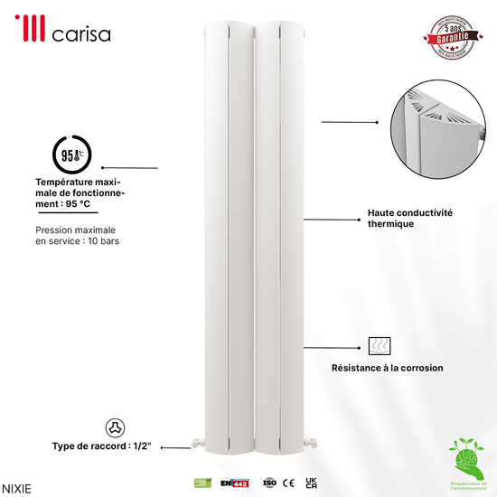 Carisa Nixie Vertikaler Aluminium-Heizkörper, modernes Design, Weiß 