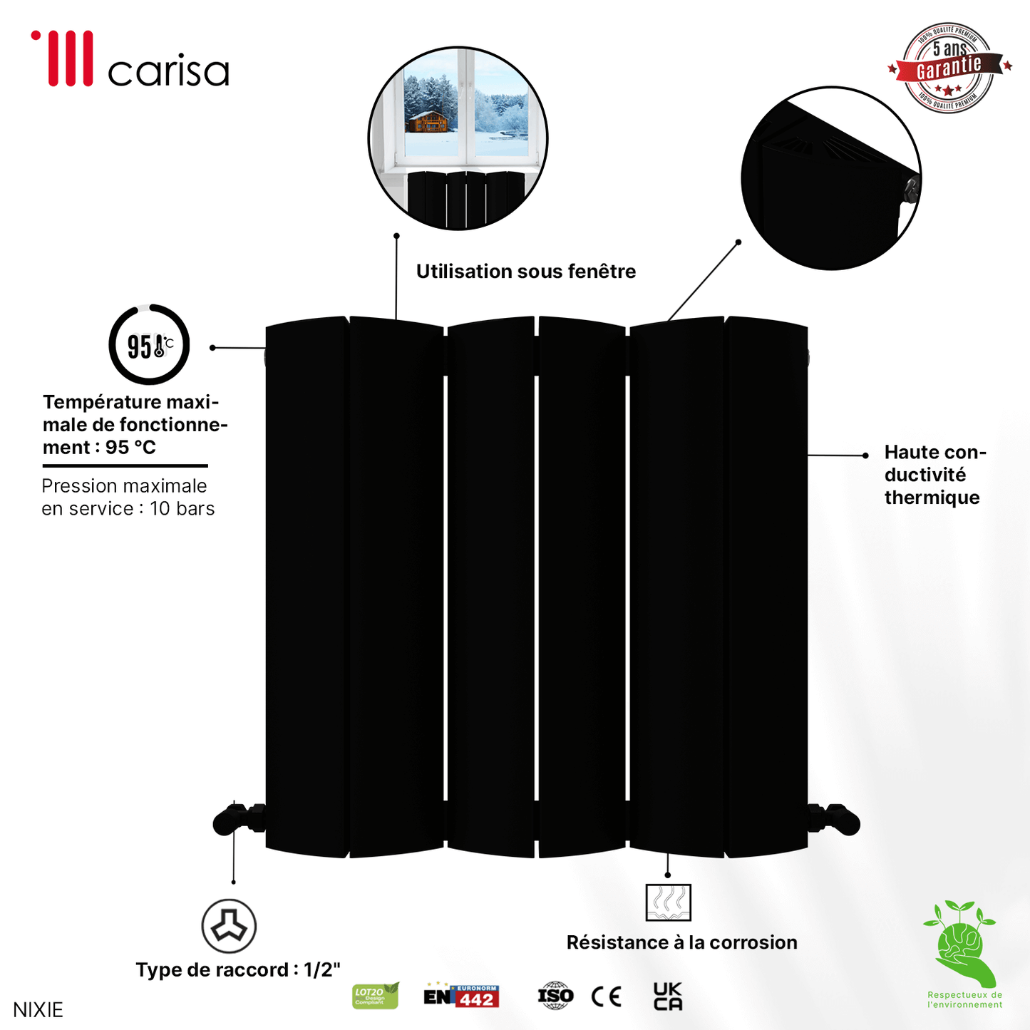 Carisa Nixie Horizontaler Aluminium-Heizkörper, modernes Design, Schwarz 