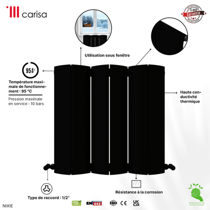 Carisa Nixie Horizontaler Aluminium-Heizkörper, modernes Design, Schwarz 