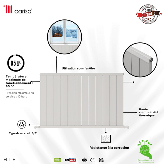 Carisa Elite Horizontaler Aluminium-Heizkörper, modernes Design, glänzendes Weiß 