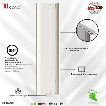 Carisa Burano Vertikaler Aluminium-Heizkörper, modernes Design, Weiß 