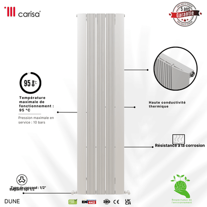 Carisa Dune Vertikaler Aluminium-Heizkörper, modernes Design, Weiß 