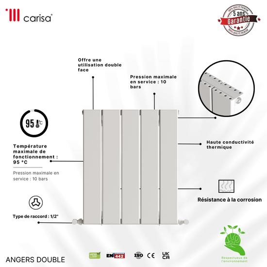 Carisa Angers Horizontaler Aluminium-Heizkörper, modernes Design, Weiß 