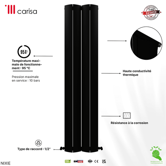 Carisa Nixie Vertikaler Aluminium-Heizkörper, modernes Design, Schwarz 
