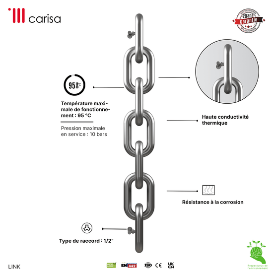 Carisa Link Vertikaler Heizkörper aus Edelstahl, modernes Design, seidenmatt poliert 