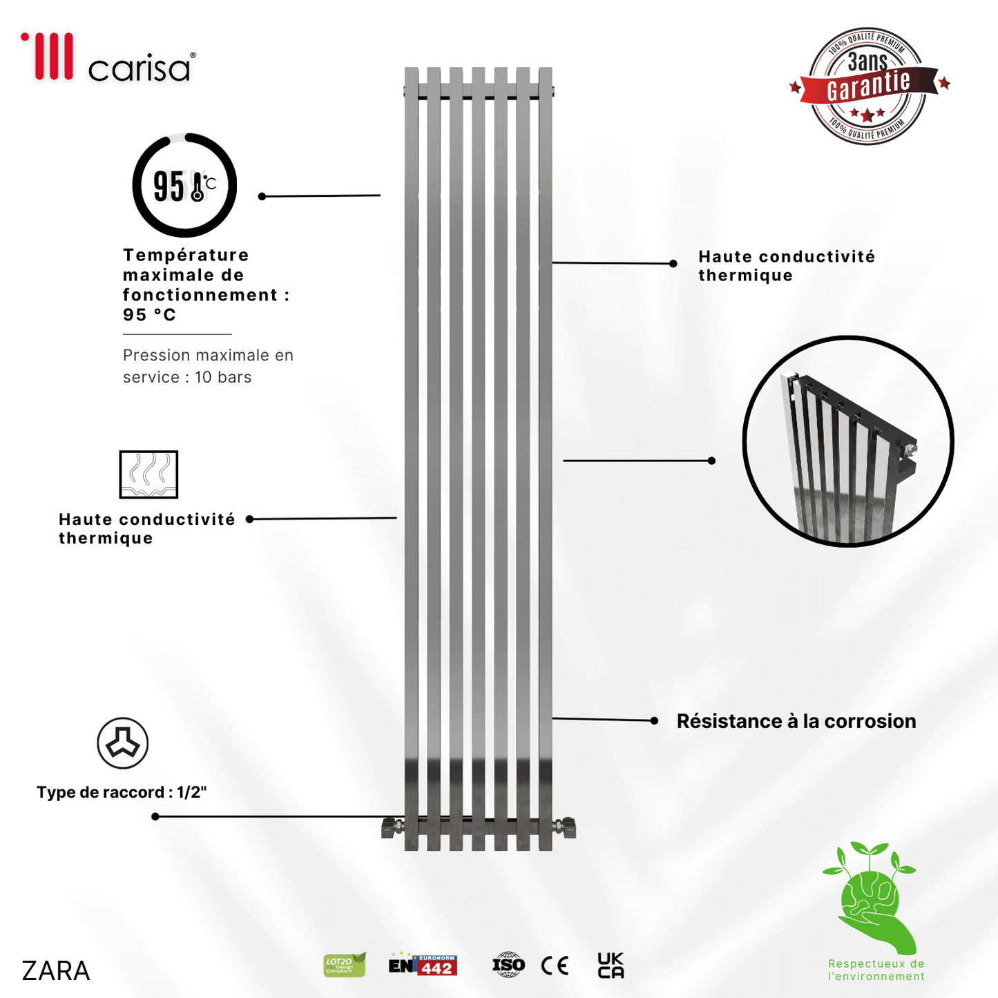 Carisa Zara Vertikaler Stahlheizkörper, modernes Design, Chrom 