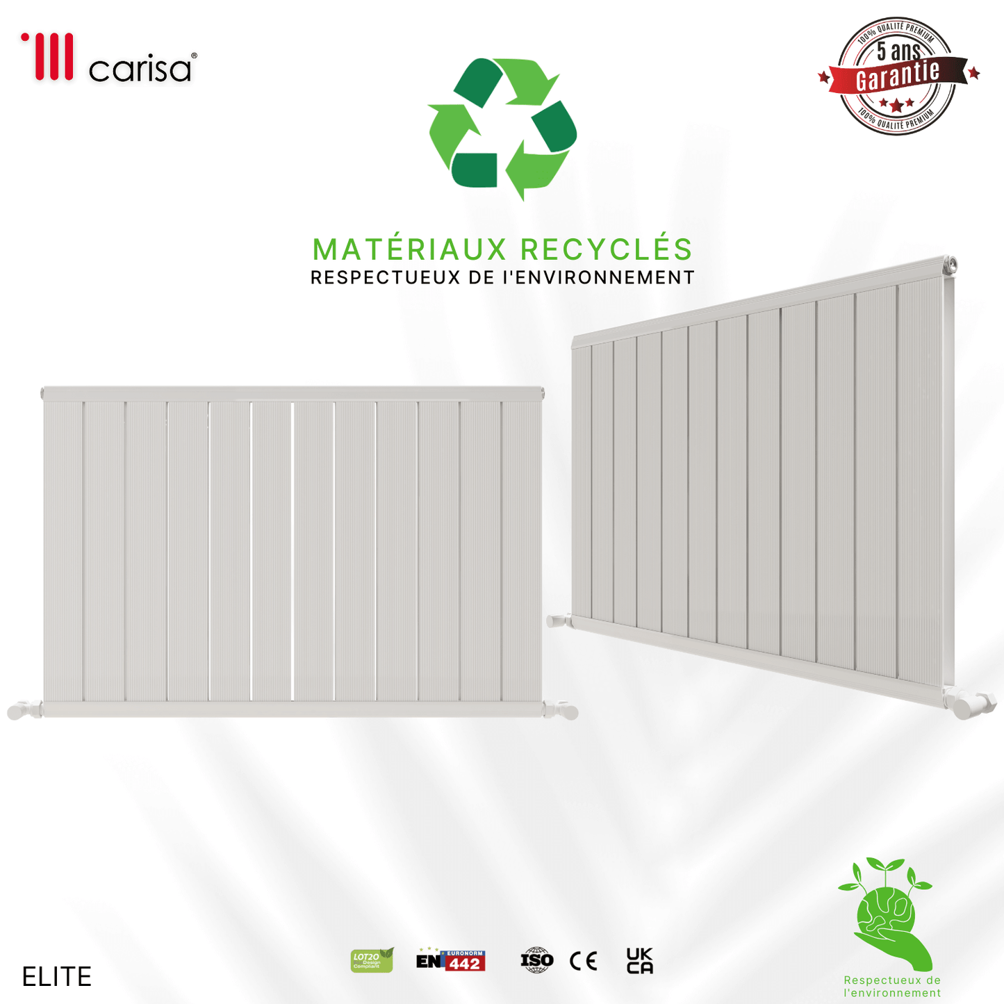 Carisa Elite Horizontaler Aluminium-Heizkörper, modernes Design, glänzendes Weiß 