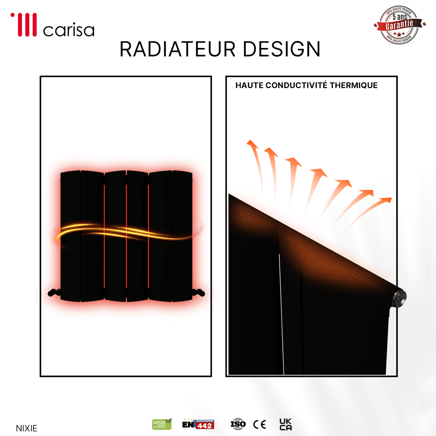 Carisa Nixie Horizontaler Aluminium-Heizkörper, modernes Design, Schwarz 