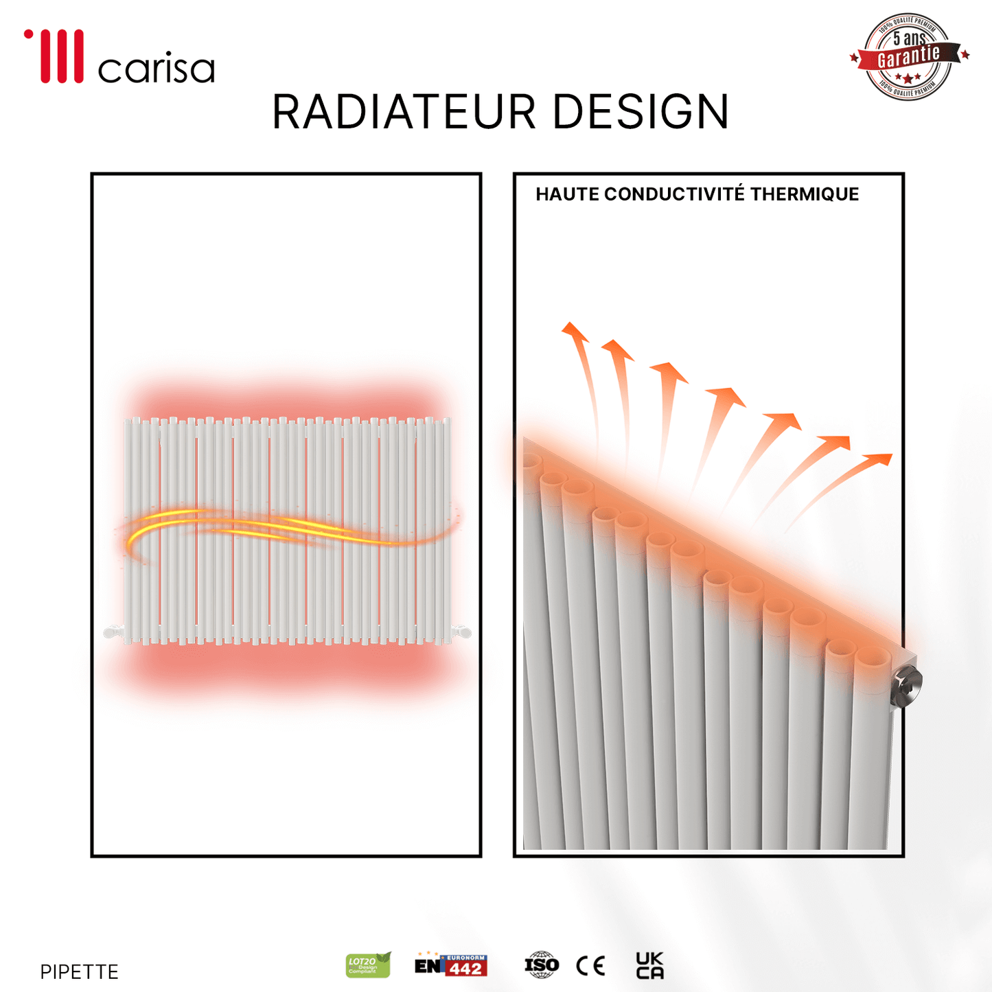 Carisa Pipette Aluminium-Heizkörper, horizontal, modernes Design, Weiß 