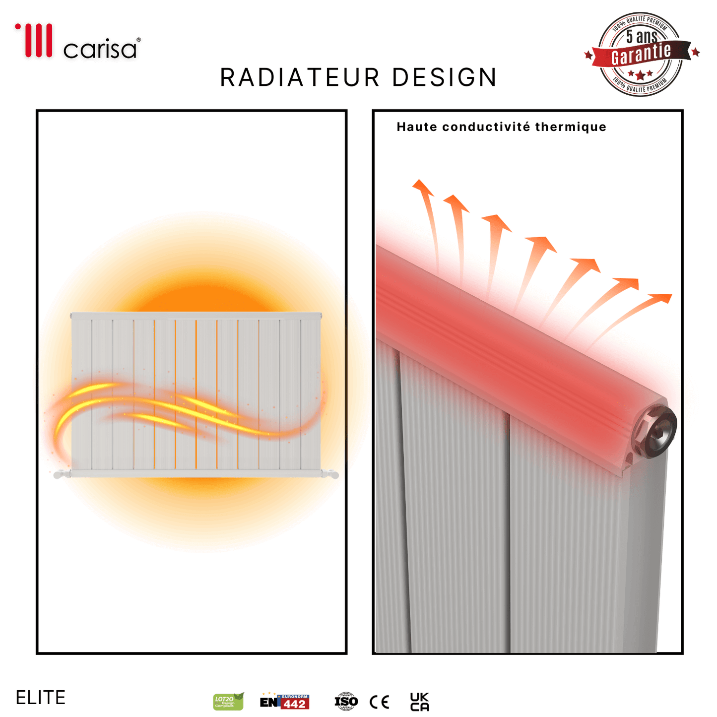 Carisa Elite Horizontaler Aluminium-Heizkörper, modernes Design, glänzendes Weiß 