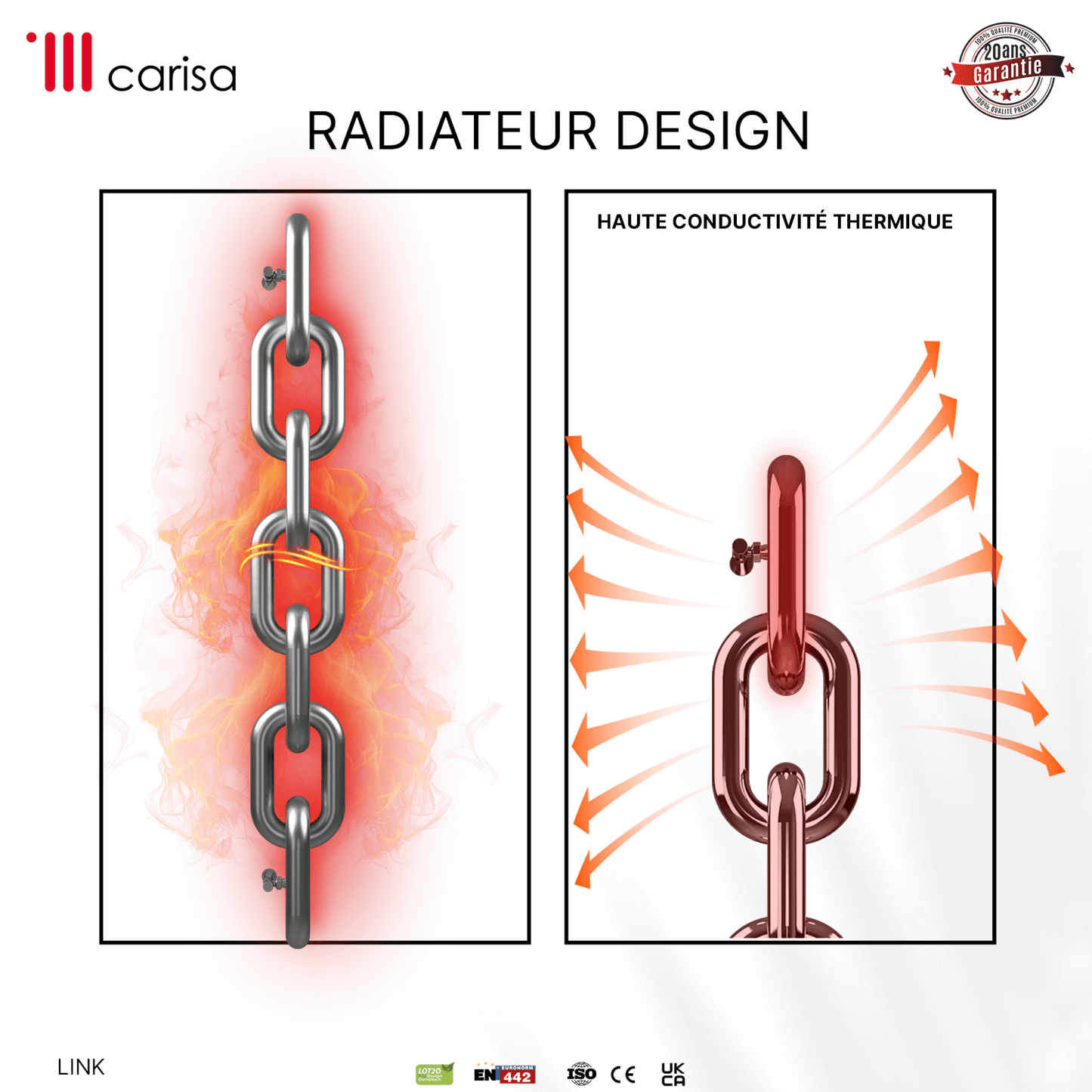 Carisa Link Vertikaler Heizkörper aus Edelstahl, modernes Design, seidenmatt poliert 