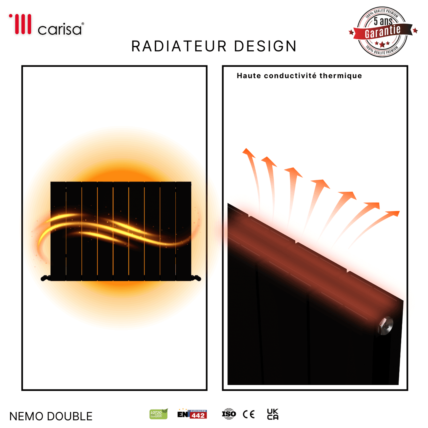 Carisa Nemo Horizontaler Aluminium-Heizkörper, modernes Design, Schwarz 