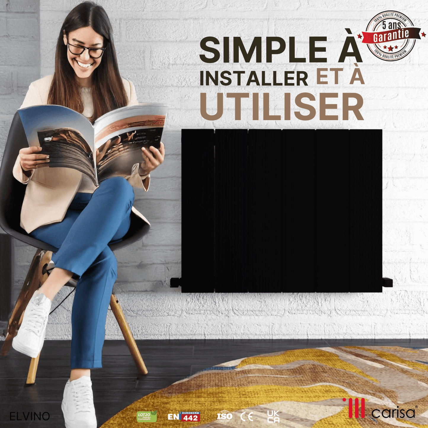 Carisa Elvino Horizontaler Aluminium-Heizkörper, modernes Design, Schwarz 
