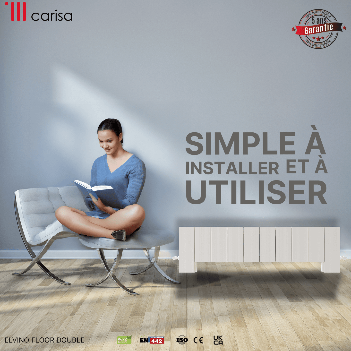 Carisa Elvino Bodenheizkörper aus Aluminium, horizontal, modernes Design, Weiß 
