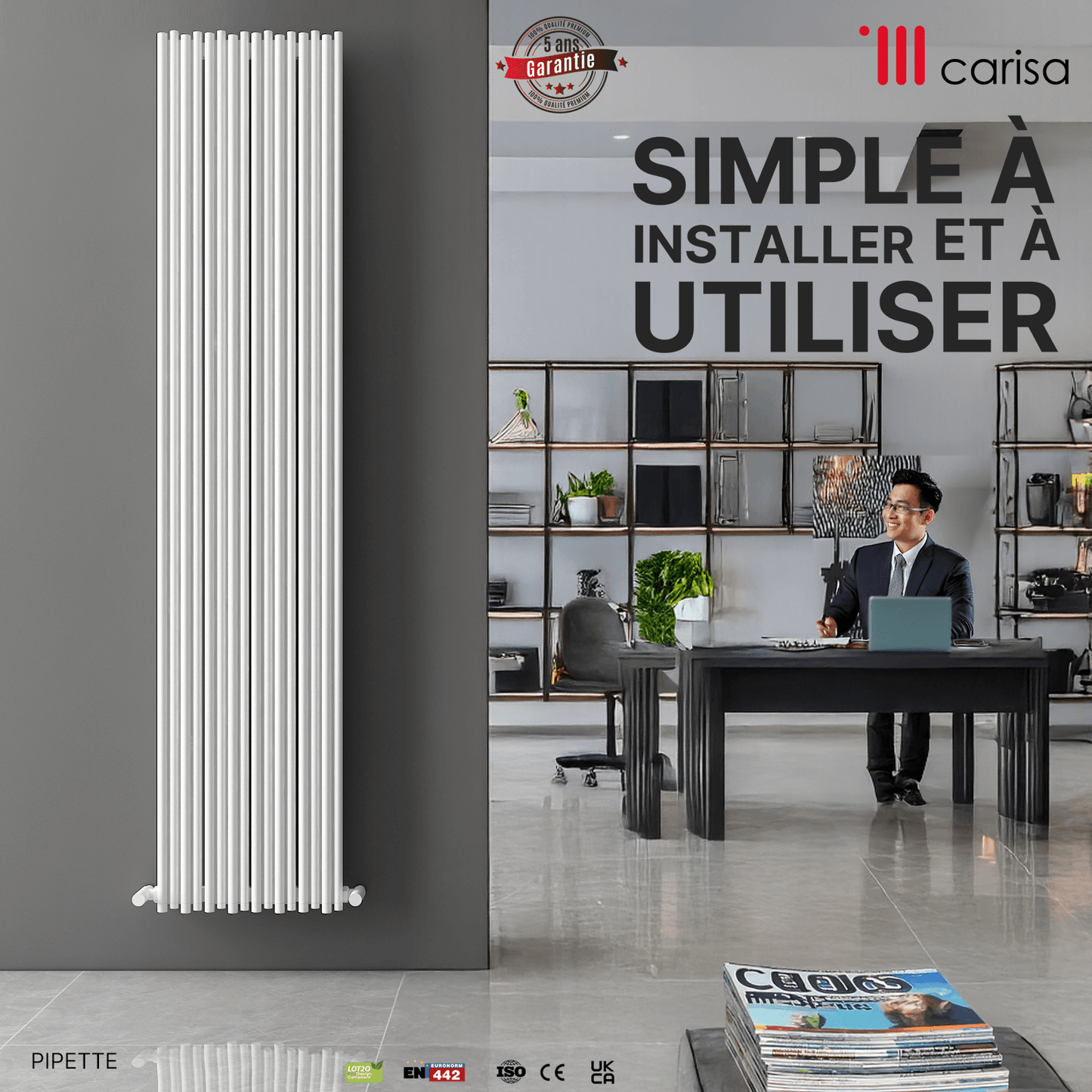 Carisa Pipette Aluminium-Heizkörper, vertikal, modernes Design, Weiß 
