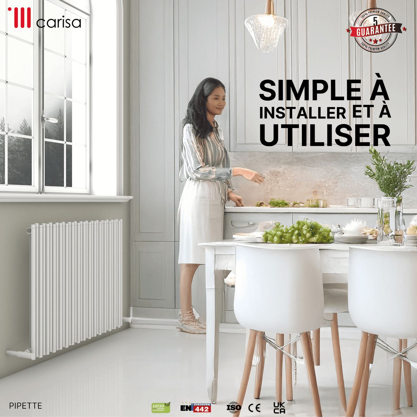 Carisa Pipette Aluminium-Heizkörper, horizontal, modernes Design, Weiß 