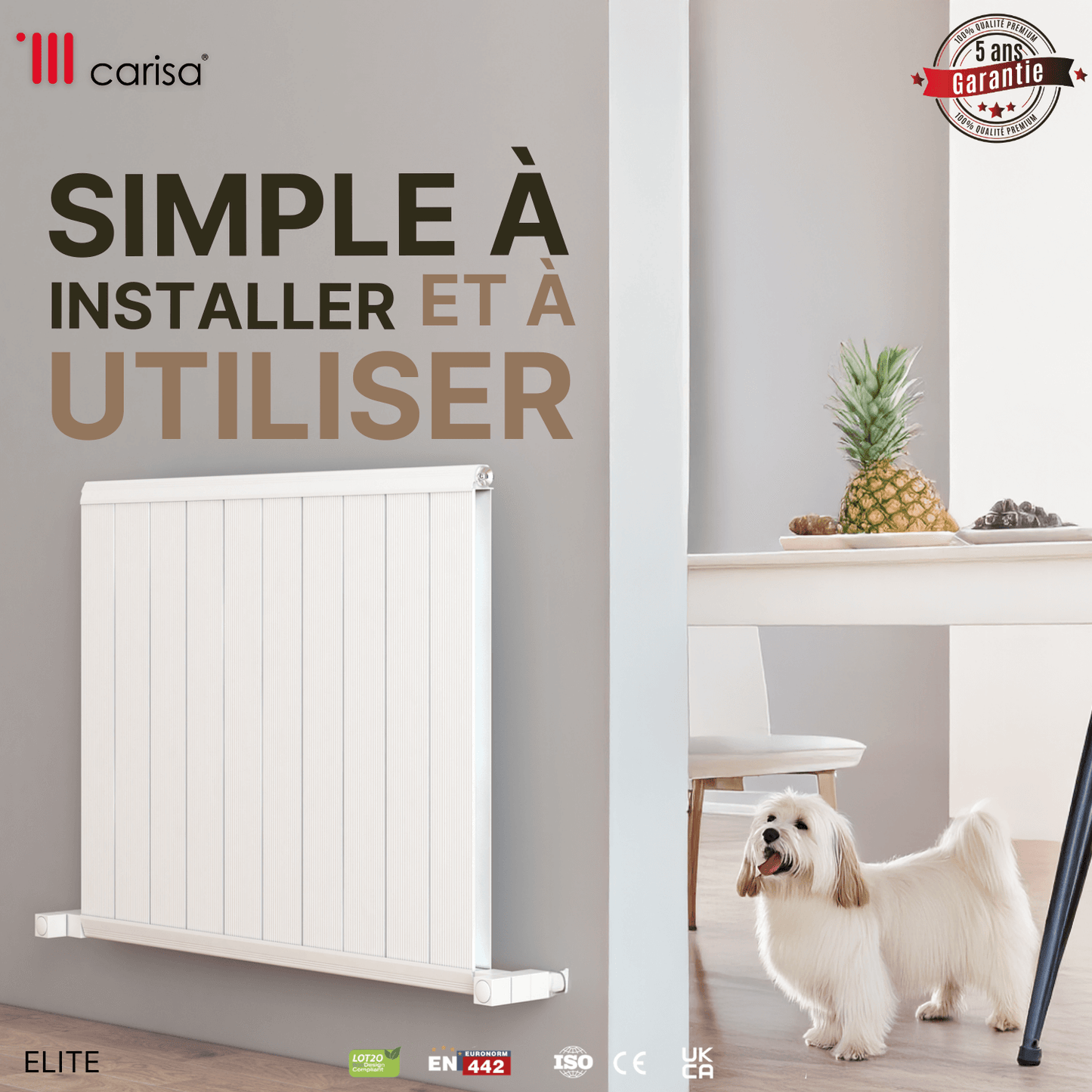 Carisa Elite Horizontaler Aluminium-Heizkörper, modernes Design, glänzendes Weiß 