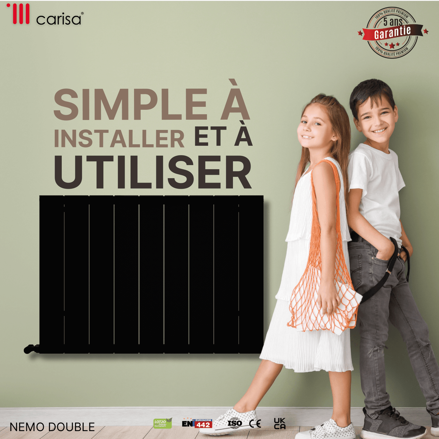 Carisa Nemo Horizontaler Aluminium-Heizkörper, modernes Design, Schwarz 