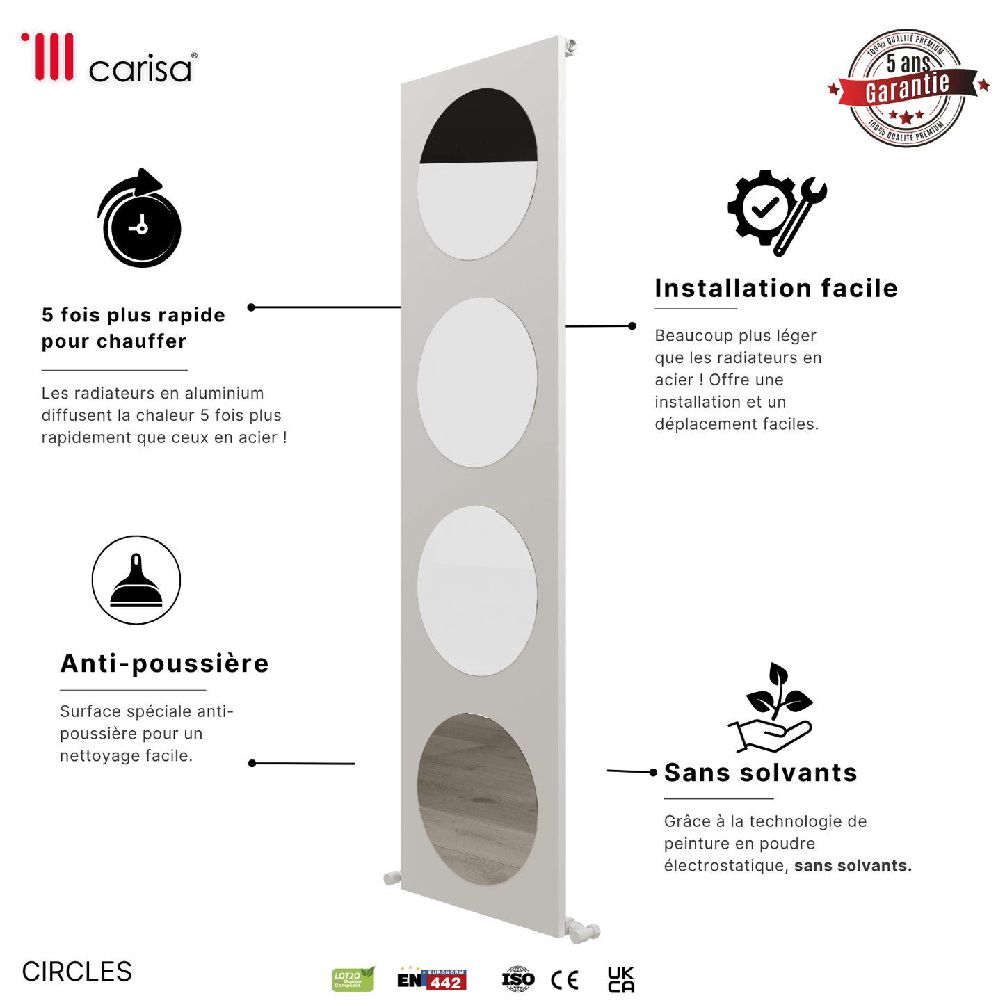 Carisa Circles Vertikaler Aluminium-Heizkörper, modernes Design, Weiß 