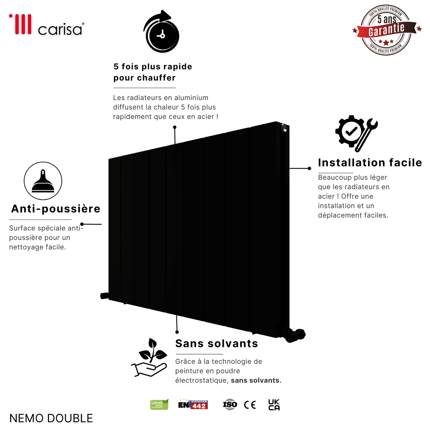 Carisa Nemo Horizontaler Aluminium-Heizkörper, modernes Design, Schwarz 