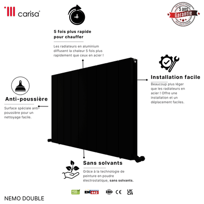 Carisa Nemo Horizontaler Aluminium-Heizkörper, modernes Design, Schwarz 