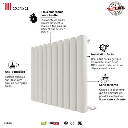 Carisa Vesta Horizontaler Aluminium-Heizkörper, modernes Design, Weiß 