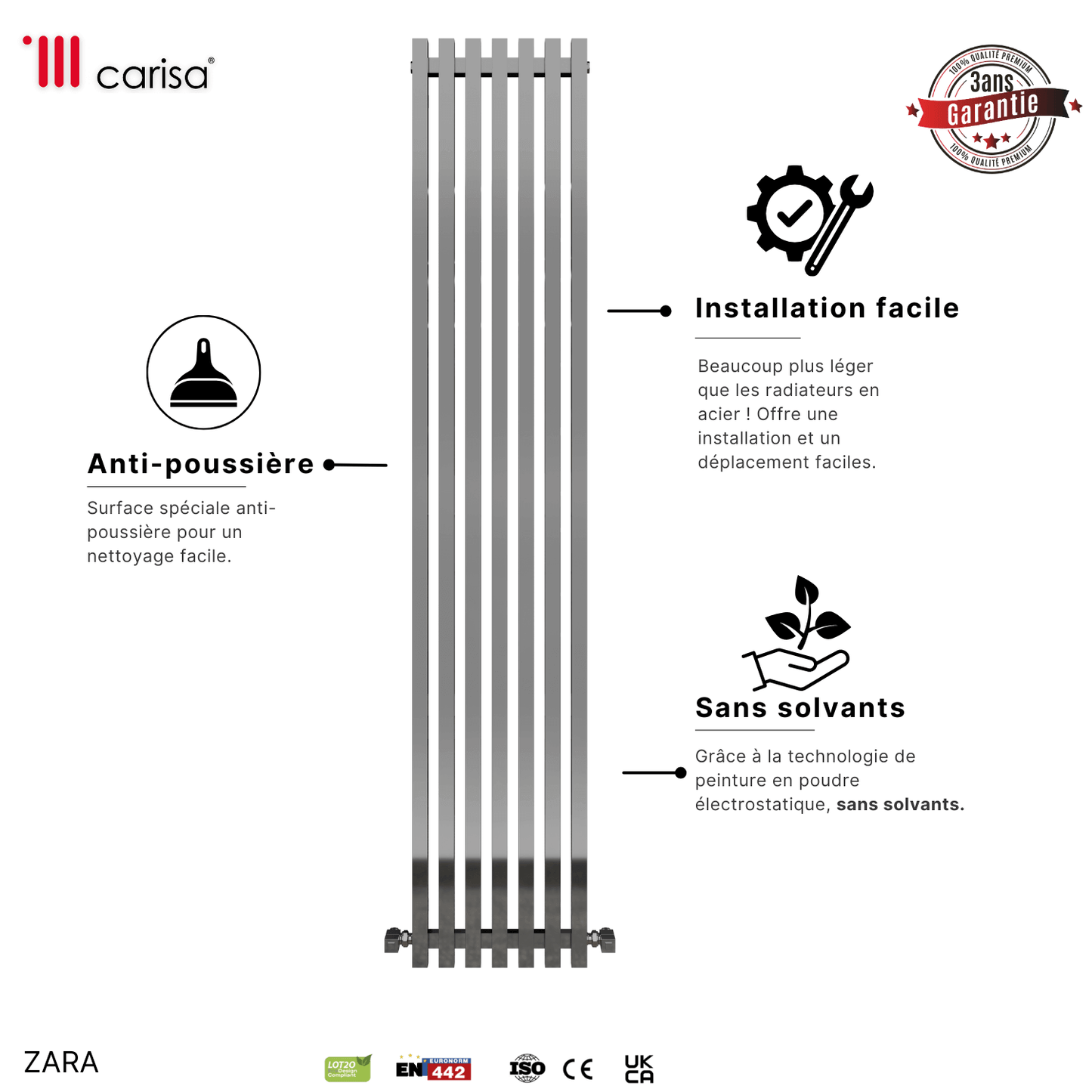 Carisa Zara Vertikaler Stahlheizkörper, modernes Design, Chrom 