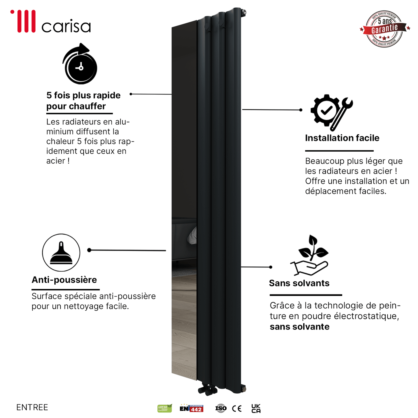Carisa Entrance Vertikaler Aluminium-Heizkörper, modernes Design, Anthrazit 