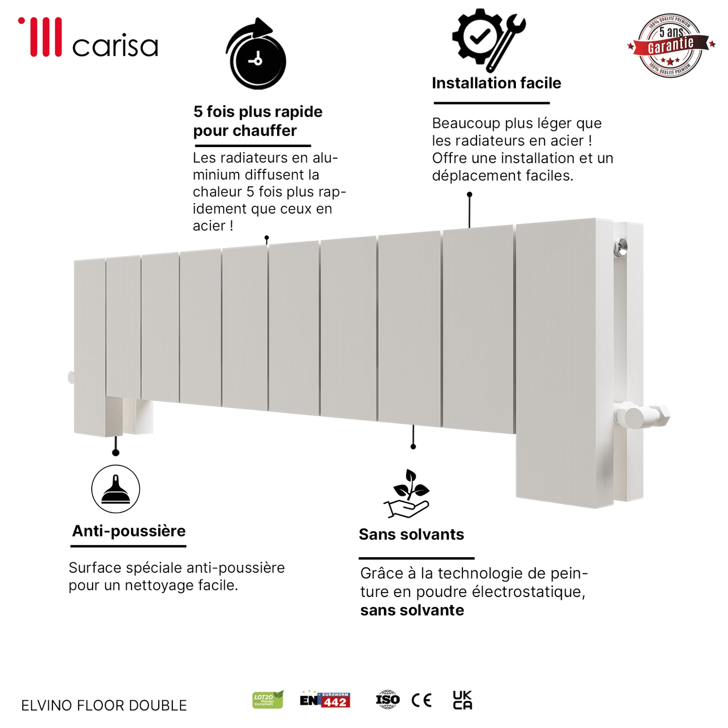 Carisa Elvino Bodenheizkörper aus Aluminium, horizontal, modernes Design, Weiß 