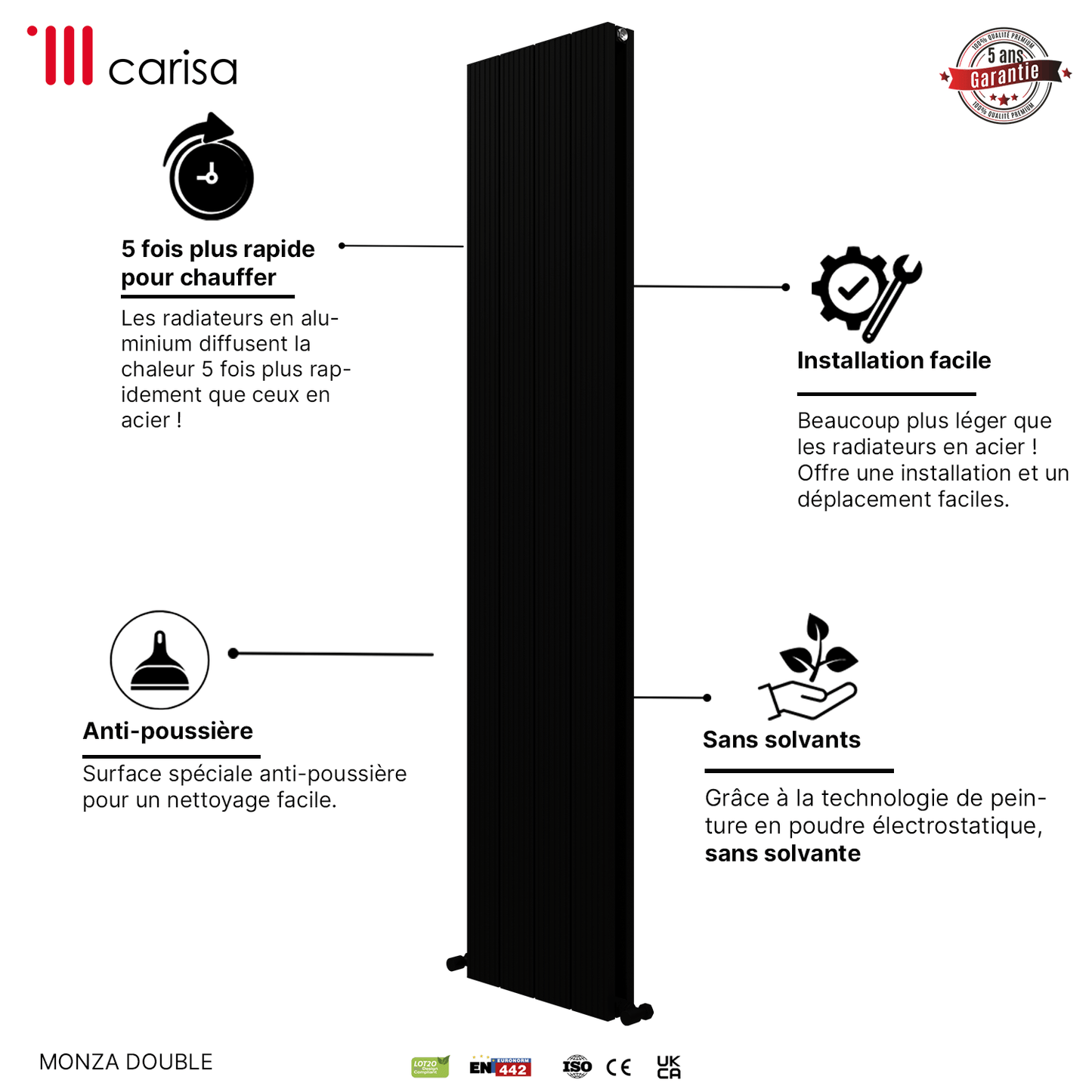 Carisa Monza Vertikaler Aluminium-Heizkörper, modernes Design, Schwarz 