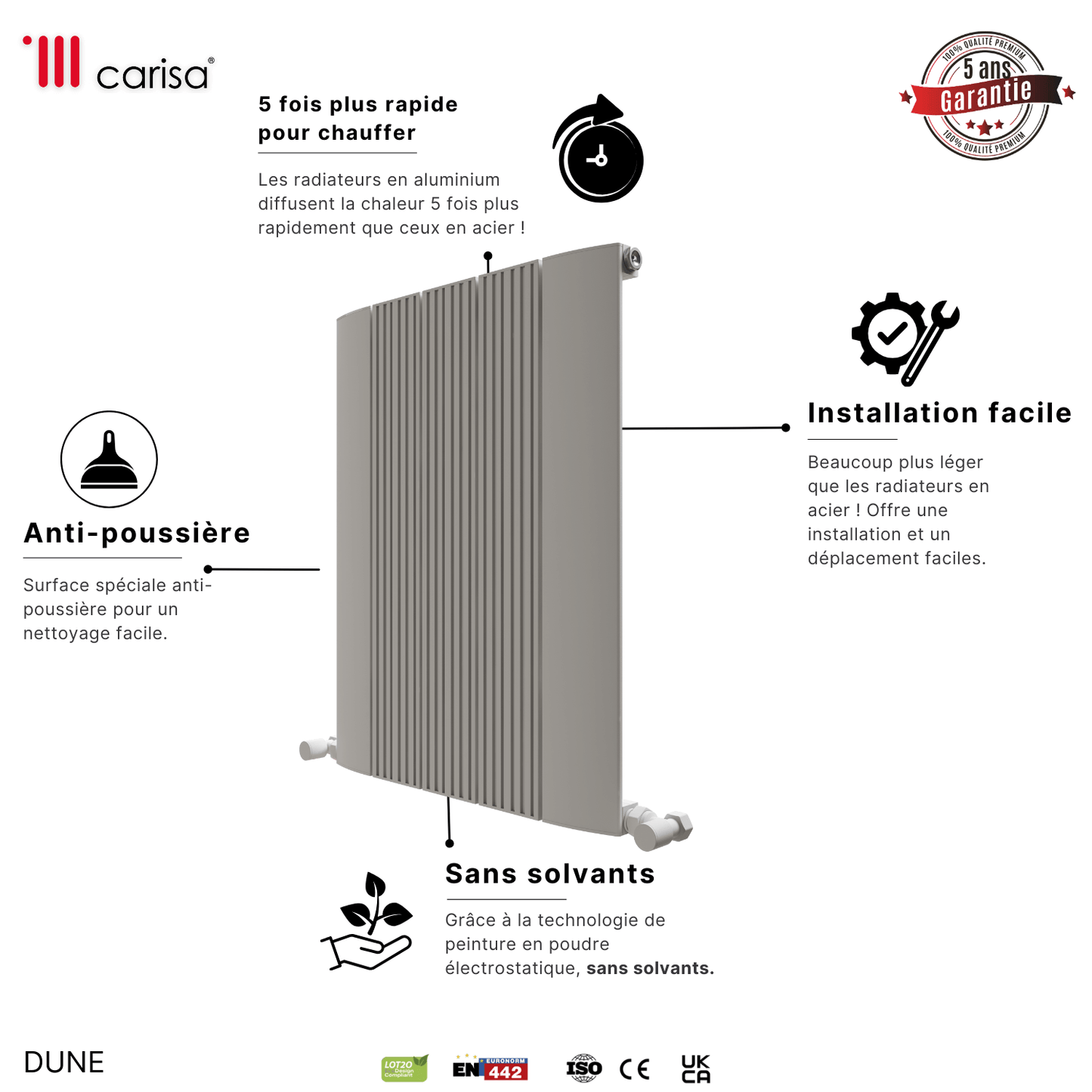 Carisa Dune Horizontaler Aluminium-Heizkörper, modernes Design, Weiß 
