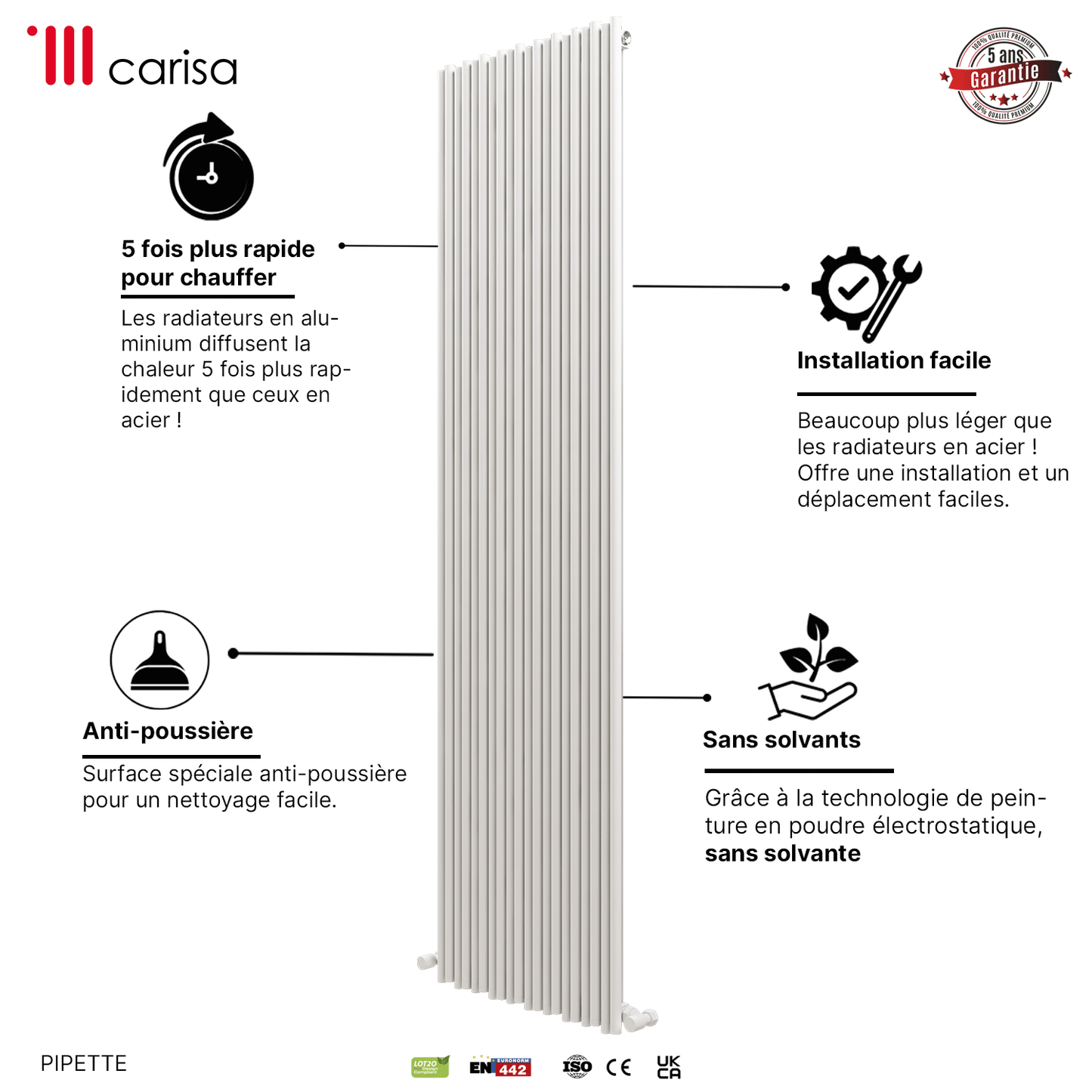 Carisa Pipette Aluminium-Heizkörper, vertikal, modernes Design, Weiß 