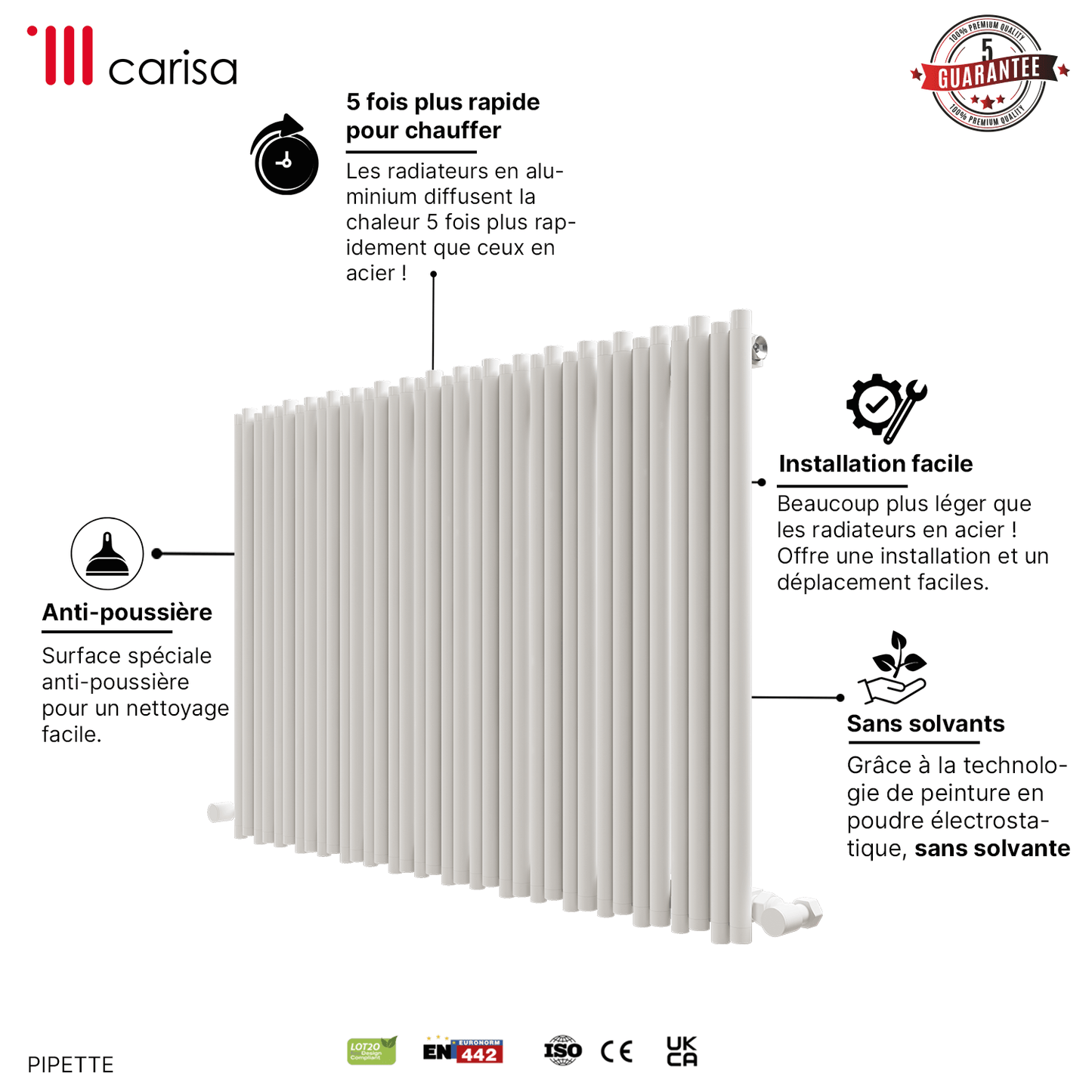 Carisa Pipette Aluminium-Heizkörper, horizontal, modernes Design, Weiß 