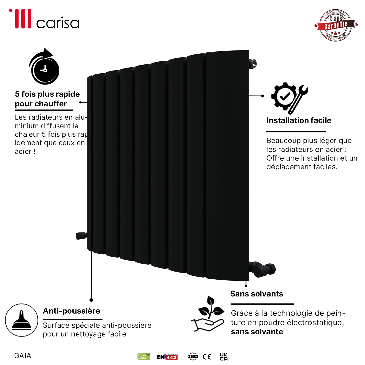 Carisa Gaia Horizontaler Aluminium-Heizkörper, modernes Design, Anthrazit 