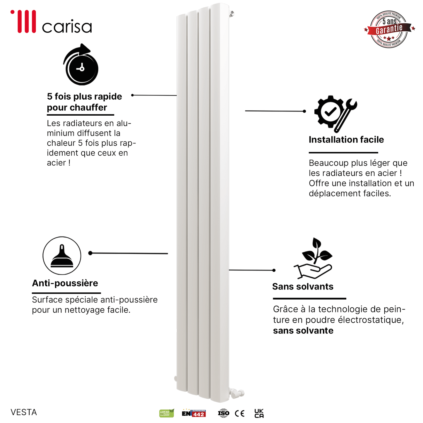 Carisa Vesta Vertikaler Aluminium-Heizkörper, modernes Design, Weiß 