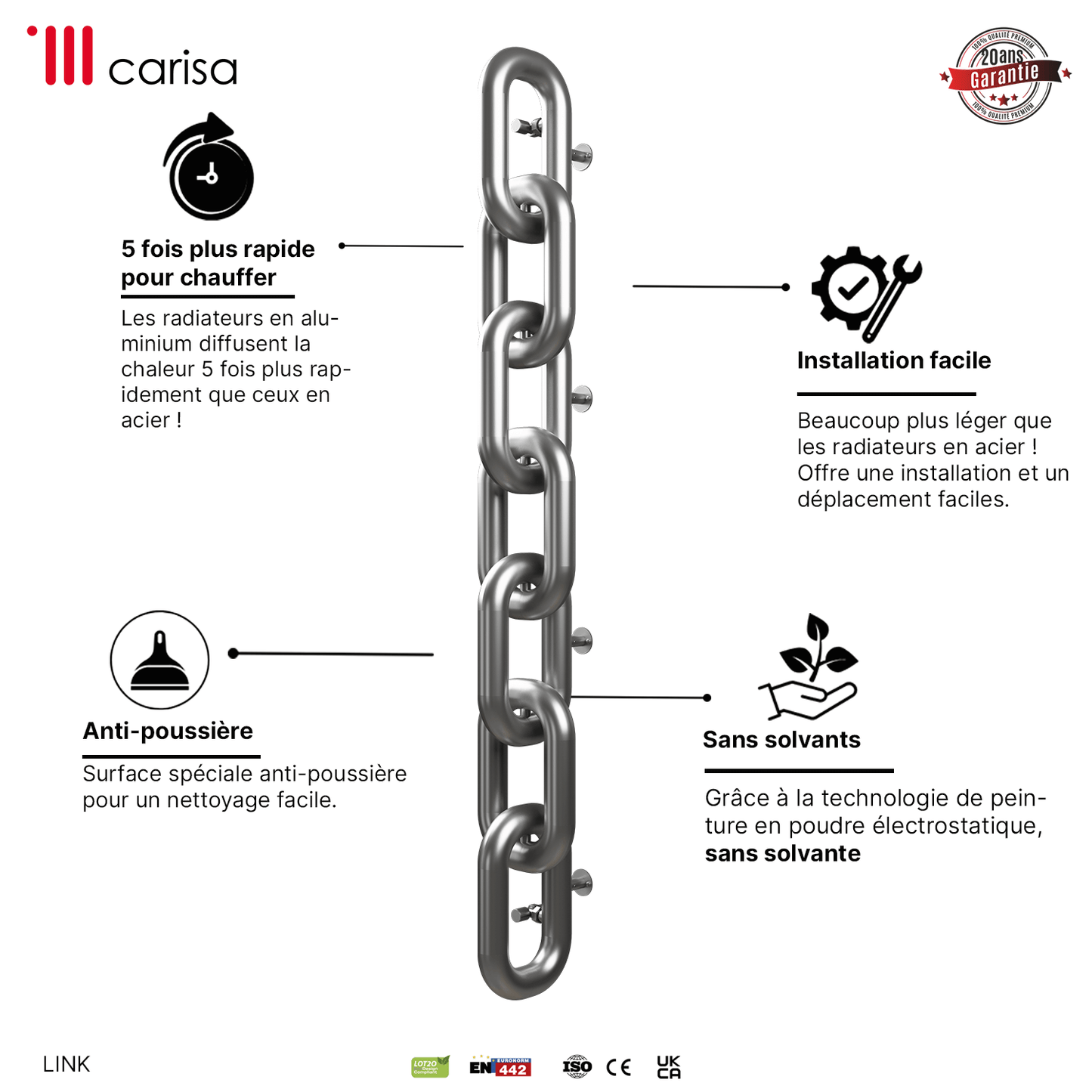 Carisa Link Vertikaler Heizkörper aus Edelstahl, modernes Design, seidenmatt poliert 