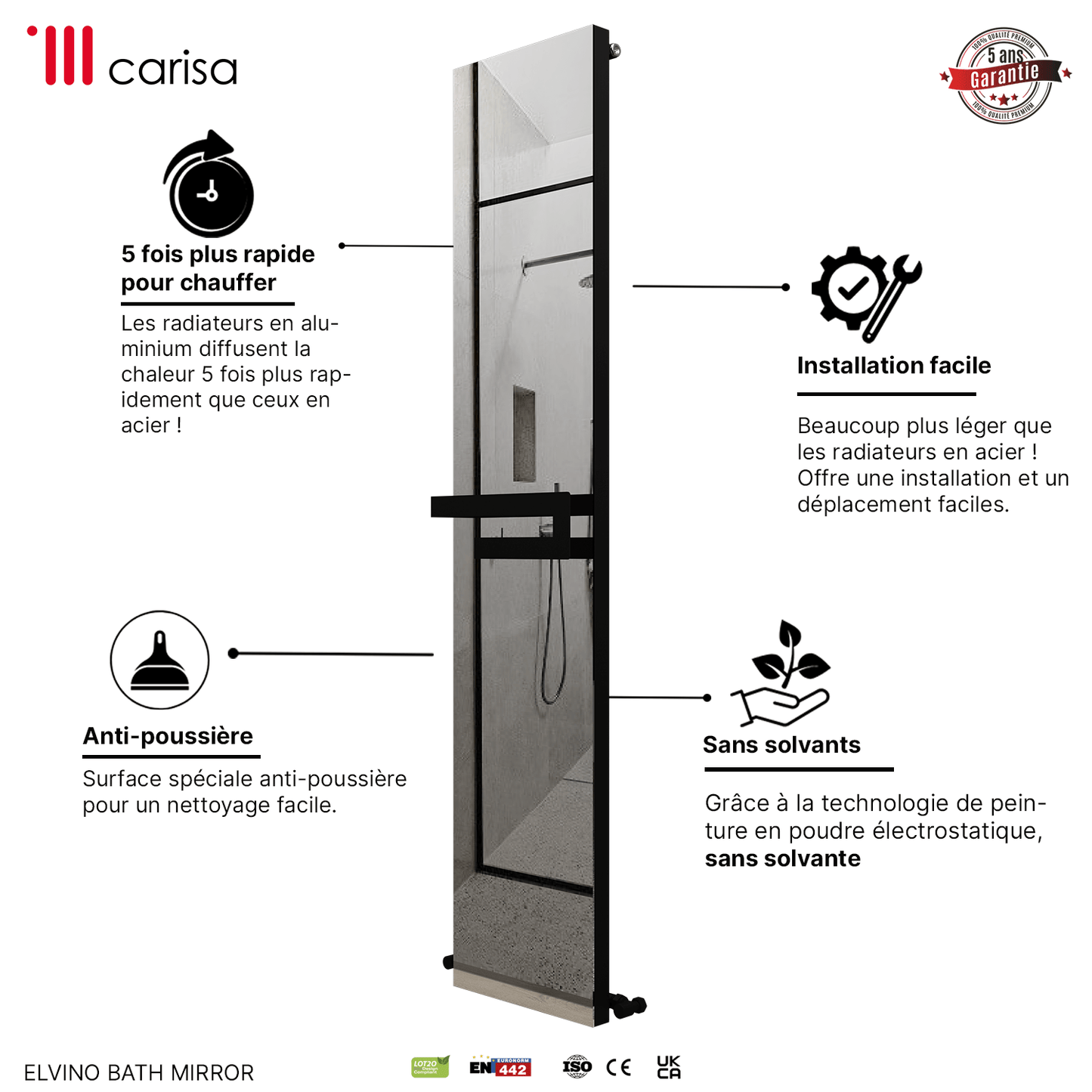 Carisa Elvino Badspiegel Aluminium Handtuchwärmer Modernes Design Schwarz 